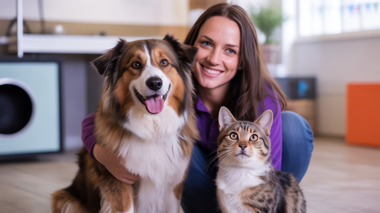 Femme avec un chien et un chat chez toutousdoux à Castelsarrasin dans un intérieur moderne et chaleureux